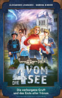 Buchcover-Illustration für die Jugendbuchreihe "Die Vier vom See" - eine Detektiv-Jugendbuchreihe. Vier Kinder bzw. Jugendliche schauen gespannt.