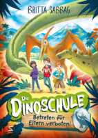 Kinderbuch Cover Illustration in modernem Comic Stil für das Dinobuch "Die Dinoschule". Zu sehen sind Kinder und Dinosauerier.