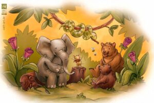 Kinderbuchillustration. Tier / Tierrunde im Wald: Elefant, Bär, Maus, Schlange, Biene