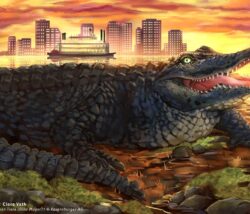 Kinderbuchillustration - ein Krokodil am Ufer im Sonnenuntergang