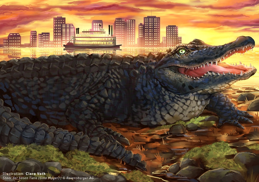 Kinderbuchillustration - ein Krokodil am Ufer im Sonnenuntergang